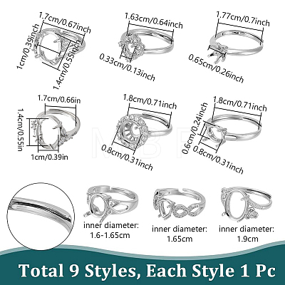 9Pcs 9 Styles Brass Ring Components KK-NB0004-37-1