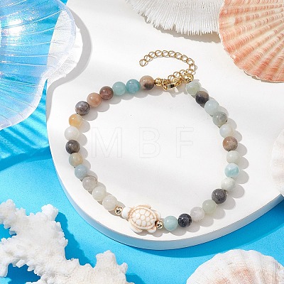 Natural Flower Amazonite &  Synthetic Turquoise Charm Anklets for Women AJEW-AN00616-02-1