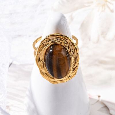 Oval Natural Tiger Eye Finger Rings RJEW-M063-01G-11-1