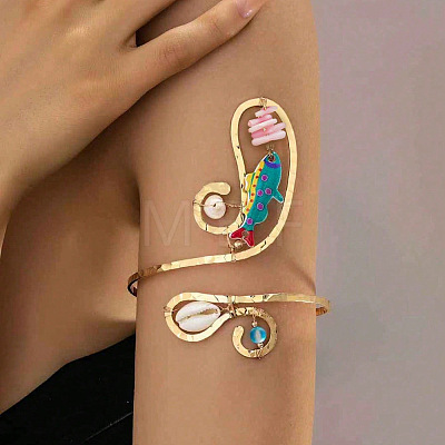 Bohemian Ocean Alloy & Resin & Plastic Pearl Fish Spiral Cuff Arm Bangles for Women WGA2359-03-1