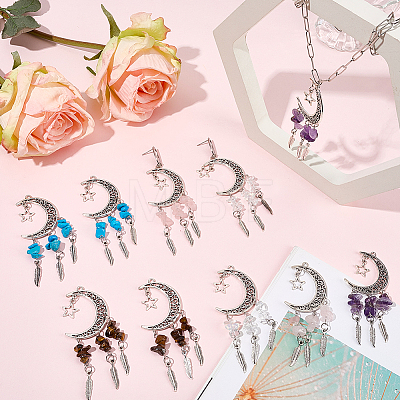 10Pcs 5 Styles Opalite & Synthetic Turquoise & Natural Amethyst & Tiger Eye & Rose Quartz Chip and Alloy Hollow Moon Big Pendants FIND-BM0001-84-1