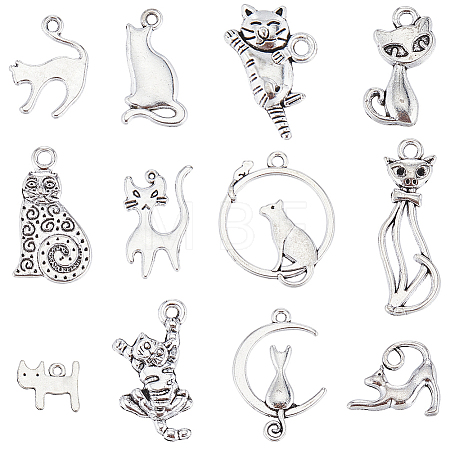 96Pcs 12 Styles Tibetan Style Alloy Kitten Pendants FIND-SC0007-17-1
