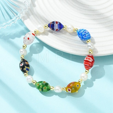 Handmade Millefiori Glass & Natural Cultured Freshwater Pearl Beads Stretch Bracelets for Women BJEW-JB13848-1