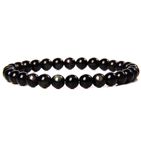 Natural Golden Sheen Obsidian Stone Round Beaded Stretch Bracelet SF8562-24-1