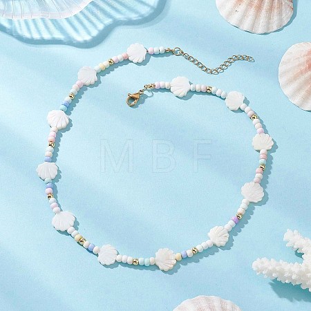 Summer Beach Natural White Shell and Glass Seed Beaded Necklaces NJEW-JN05855-01-1