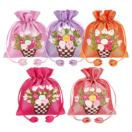 5Pcs 5 Colors 3D Floral Embroidery Polyester Drawstring Bags ABAG-PH0001-89-1