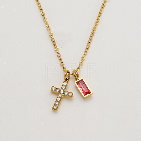 304 Stainless Steel Pave Cubic Zirconia July Birth Stone Religion Cross and Rectangle Pendant Necklaces WG51992-03-1