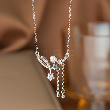 Brass Micro Pave Colorful Cubic Zirconia & Imitation Pearl Star Pendant 304 Stainless Steel Cable Chain Necklaces for Women WGB0BE7-02-1