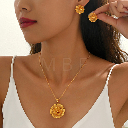 Hollow Brass Flower Stud Earrings & Pendant Necklaces Sets for Women MA5194-1