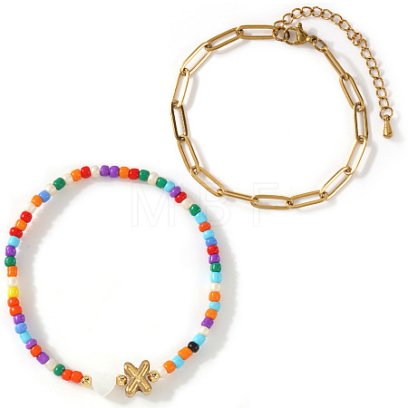 2Pcs 2 Styles Glass Seed Beads & Natural Shell & 304 Stainless Steel Beads Stretch Bracelest & Brass Paperclip Chain Bracelets Set for Women GY4605-24-1