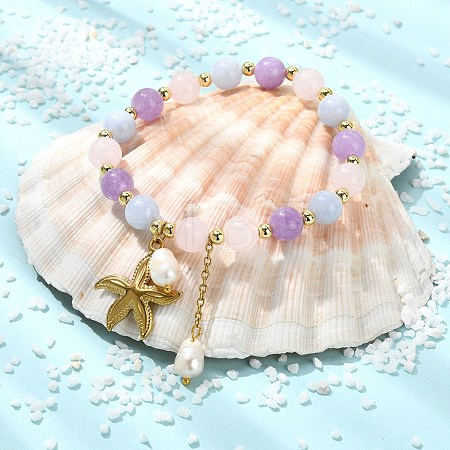 Natural Aquamarine & Rose Quartz & Amethyst Round Beads Stretch Bracelets BJEW-JB14145-01-1