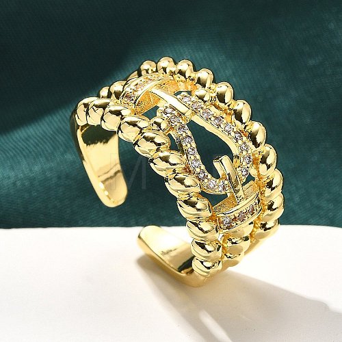 Rack Plating Brass Micro Pave Clear Cubic Zirconia Cuff Finger Rings for Women RJEW-M028-30G-04-1