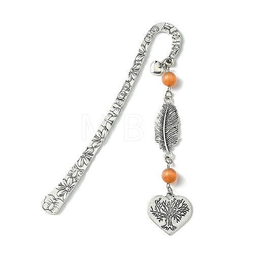 Tree of Life Feather Tibetan Style Alloy Pendant Bookmark with Cat Eye AJEW-JK00277-02-1