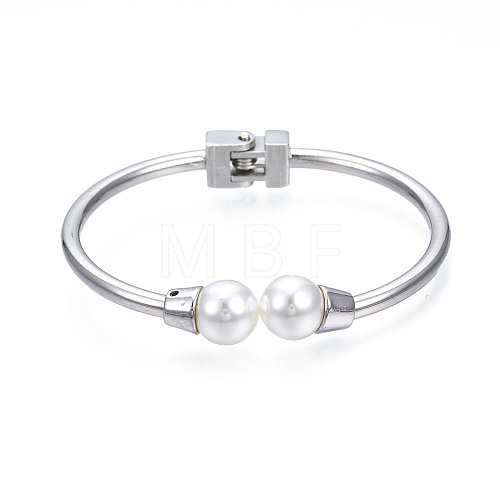 ABS Plastic Pearl Round Beaded Open Cuff Bangle BJEW-S118-148P-1