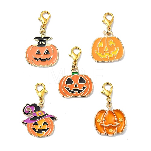 5Pcs 5 Styles Halloween Pumpkin Alloy Enamel Pendant Decorations PALLOY-JF02818-1