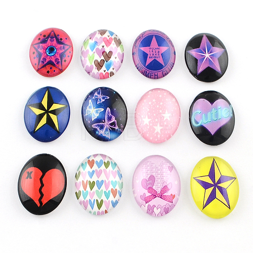 Star with Heart Pattern Glass Oval Flatback Cabochons for DIY Projects X-GGLA-R022-40x30-93-1