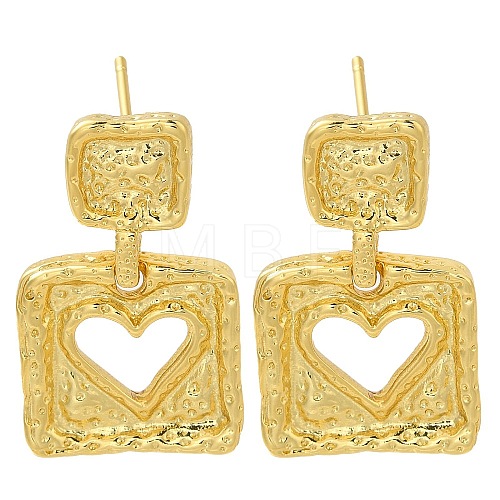 Rack Plating Square with Hollow Heart Brass Stud Earrings EJEW-I310-07G-1