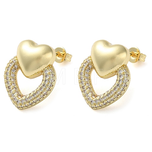 Heart Brass Micro Pave Clear Cubic Zirconia Stud Earrings EJEW-A034-07G-1