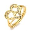 Heart with Letter Rack Plating Brass Micro Pave Clear Cubic Zirconia Adjustable Rings for Women RJEW-I105-01G-A-1