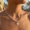 304 Stainless Steel Saint Benedict Medal Pendant Glass and Brass Beaded Short Necklaces for Women Daily Wear LS-AB8901-1