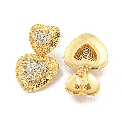 Heart Brass Pave Clear Cubic Zirconia Dangle Earrings EJEW-M258-27G-1