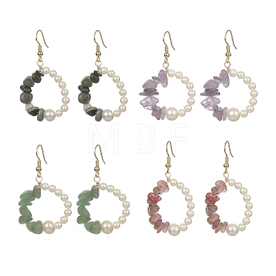 4Pcs 4 Style Natural Mixed Gemstone & Shell Pearl Ring Dangle Earrings EJEW-TA00247-1