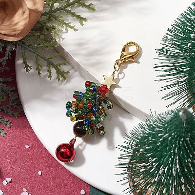 Christmas Tree Glass Seed Beads & Natural Tiger Eye Pendant Decorations HJEW-MZ00075-02-1