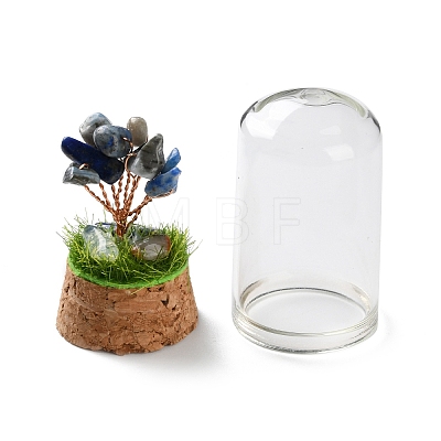 Natural Lapis Lazuli Chips Money Tree in Dome Glass Bell Jars with Wood Base Display Decorations DJEW-K030-02B-1