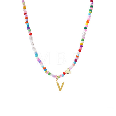 Colorful Beaded Heart Letter Necklace with Pearl Elements Stainless Steel Pendant Jewelry TR2146-22-1