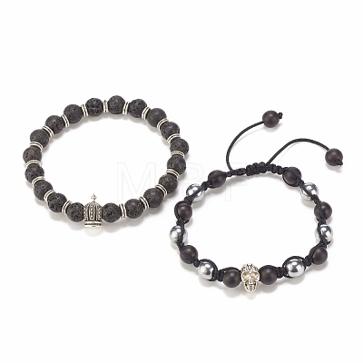 2Pcs 2 Style Natural Lava Rock & Synthetic Hematite & Turquoise(Dyed) Braided Bead Bracelets Set with Alloy Skull & Crown BJEW-JB08111-1