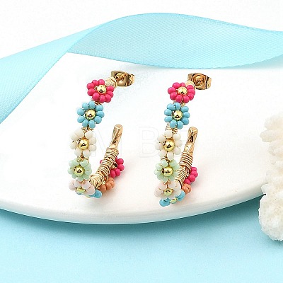 304 Stainless Steel & Bohemian Beaded C-Shaped with Flower Stud Earrings for Women EJEW-R001-03G-01-1