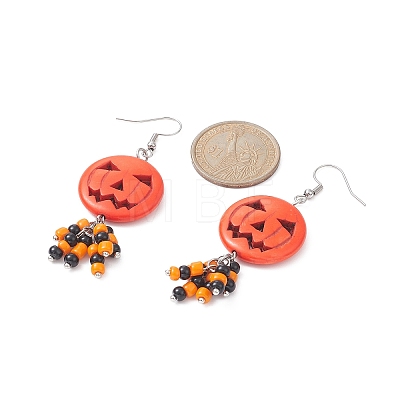 Synthetic Turquoise Pumpkin Dangle Earrings with Seed Beaded EJEW-TA00237-1