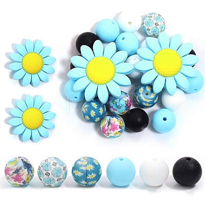 23Pcs Sunflower & Round Silicone Focal Beads SIL-L005-01B-1