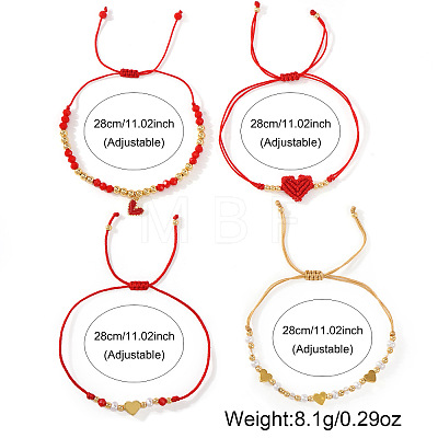 4Pcs 4 Styles Adjustable Glass & Brass Beads Braided Bead Bracelets & Brass Enamel Charm Bracelets for Women SG0180-1-1