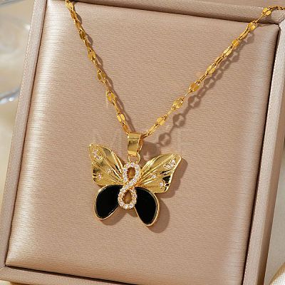 Brass Clear Cubic Zirconia Shiny Cute Cartoon Butterfly Pendant Dapped Chain Necklaces for Women DI0500-1-1