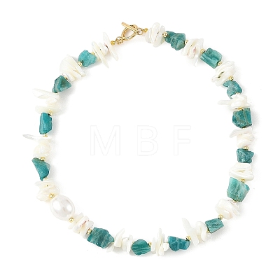 Raw Natural Amazonite & Shell Chip Beaded Necklaces with Oval Shell Pearl for Women NJEW-JN06587-1