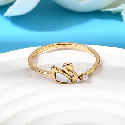 304 Stainless Steel & Natural Shell & Imitation Pearl Cuff Rings for Women RJEW-G372-01G-02-1