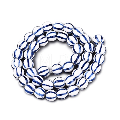 Hand Painted Blue and White Striped Round Porcelain Beads PORC-Q007-01A-1