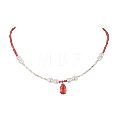 Glass Teardrop Pendant Necklace with Seed Beaded Chains NJEW-JN04333-1