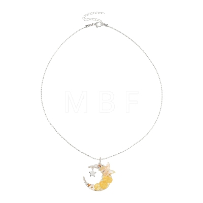 Natural Topaz Jade Wire Wrapped Moon with Acrylic Butterfly Pendant 304 Stainless Steel Ball Chain Necklaces NJEW-TA00266-03-1