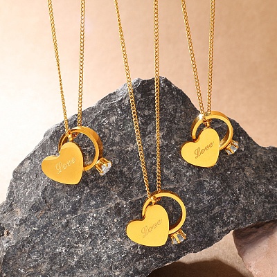Valentine's Day 304 Stainless Steel Pave Clear Cubic Zirconia Ring & Love Heart Pendant Necklaces for Women WG8D8BB-01-1