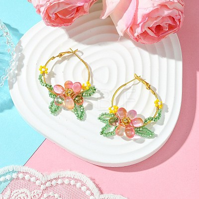 Woven Glass Flower Huggie Hoop Earring EJEW-MZ00235-03-1