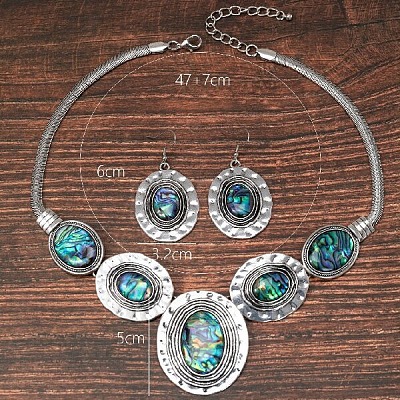Oval Alloy & Paua Shell Pendant Necklace & Dangle Earring Sets FS-WG1A0FD-01-1
