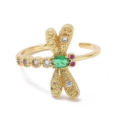 Green Cubic Zirconia Dragonfly Open Ring RJEW-P032-33G-1