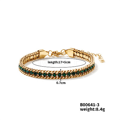 Sparkling European Style Stainless Steel Emerald Rhinestone Chain Bracelets for Women CU3590-3-1