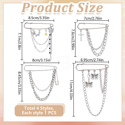 4Pcs 4 Styles Zinc Alloy Hanging Chain Brooches JEWB-DR0001-06-1