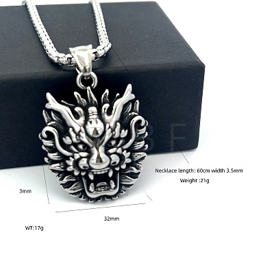 Vintage Punk 304 Stainless Steel Dragon Head Pendant Necklaces for Men WI9275-1