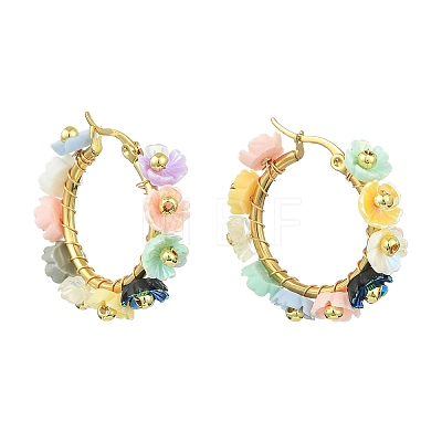 201 Stainless Steel & Resin Beaded Flower Hoop Earrings EJEW-JE07175-01-1