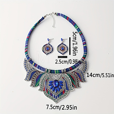 Bohemian Ethnic Style Alloy Rhinestone & Polyester Cord Pendant Necklaces & Horse Eye Stud Dangle Earrings Sets FS-WG2889B-02-1