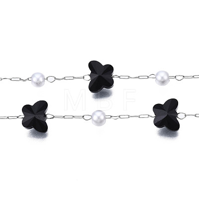 Glass Butterfly & ABS Plastic Pearl Beaded Chains CHS-N003-02-04-1